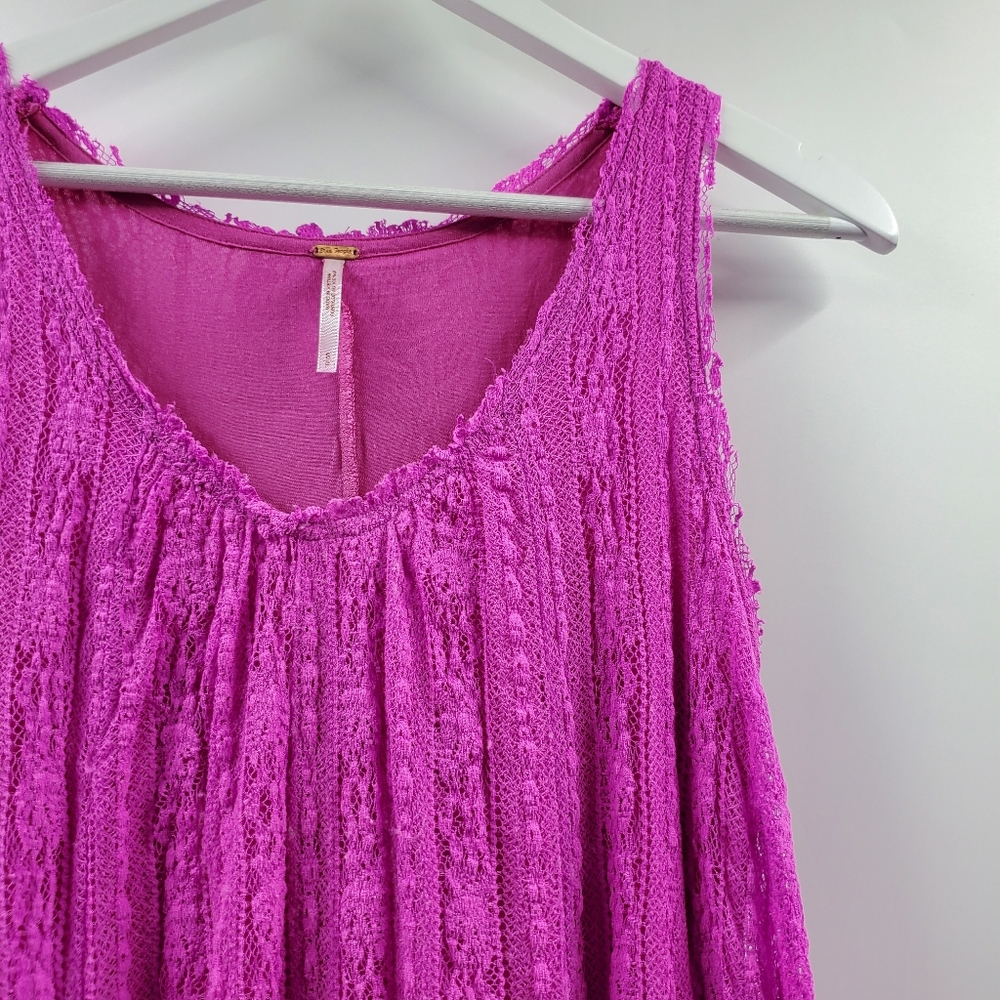 Free People Pink Floral Lace Swing Dress Mini Boho Cottagecore Prairie V-Neck - Picture 2 of 7